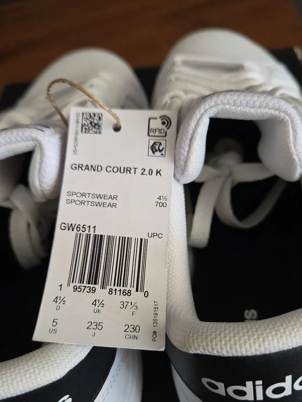 Adidas Kids Grand Court White/Black Casual Sneakers Size 5 NEW WITH TAGS